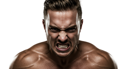 Angry muscular man screaming with intense expression, Isolated On Transparent Background
