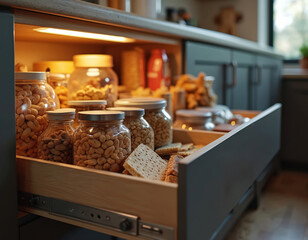 Drawer in kitchen filled with various snacks nuts crackers. Food storage containers. Pantry organization with healthy food. Home interior food concept.