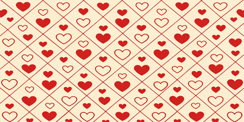 Seamless vector pattern with red geometric hearts and vintage floral ornaments creates a retro backdrop texture for Valentine fashion fabric, decorative wallpaper, or elegant tile paper design © Md