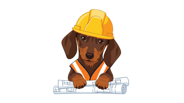 Adorable dachshund puppy wearing a yellow construction hard hat and an orange safety vest, peeking over rolled-up blueprints.