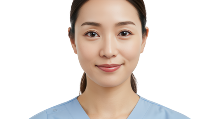 Smiling Asian woman in blue scrubs for medical and healthcare concept, Isolated On Transparent Background