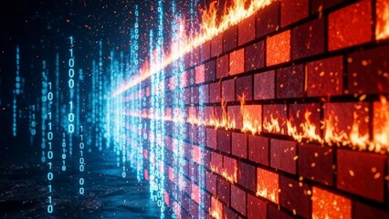 Firewall Breach with Flames and Binary Code.