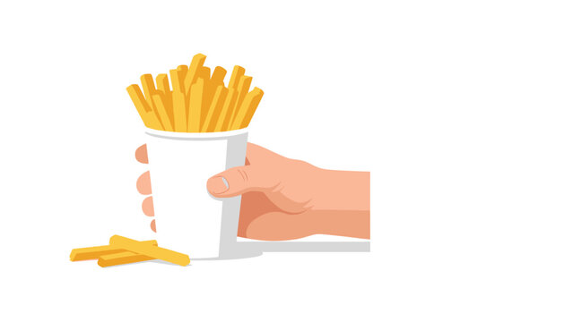 Hand holding a white cup overflowing with golden, crispy french fries, a quintessential image of delicious fast food.