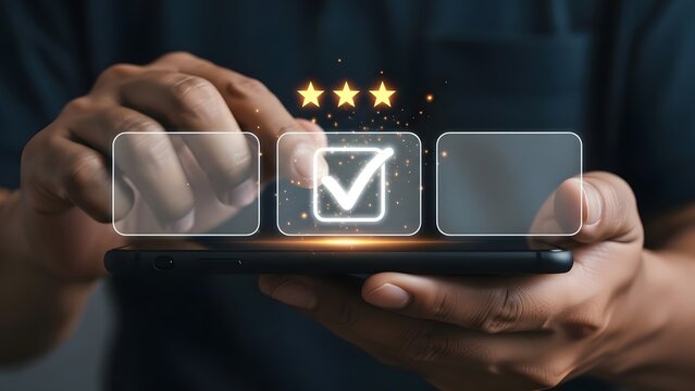 Person's hand selects a checked box on a smartphone screen with three stars above, indicating a positive review or selection.