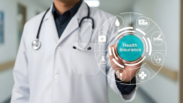 Doctor holds a bright blue orb with 'health insurance' text, encircled by medical icons, representing healthcare coverage.