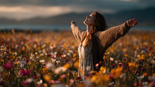 A woman standing in the middle of an open field with flowers, her arms outstretched to embrace nature, as she gazes at the sky filled with vibrant colors and sunlight