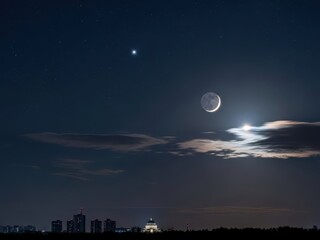 Crescent moon and bright star conjunction over city skyline at night sky