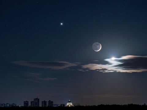 Crescent moon and bright star conjunction over city skyline at night sky