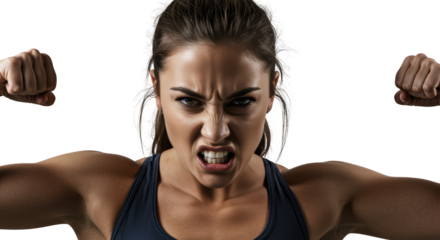 Angry woman flexing her muscles for empowerment and strength concept, Isolated On Transparent Background