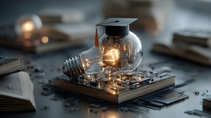 Light bulb wearing graduation cap symbolizes education and creativity in digital technology setting with books in background