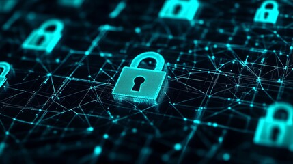 A digital illustration of a padlock surrounded by a network of lines and nodes representing cybersecurity and data protection