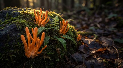 Vibrant orange Cordyceps fungi sprouts dramatically from deep green moss covering a dark rock surface in a shaded forest setting.