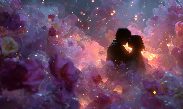 True love, silhouette of a couple among petals, magic lights and hearts, the concept of true love