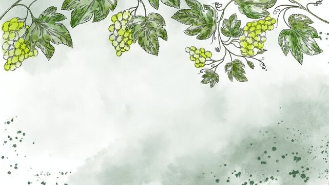 Watercolor video screensaver banner with green grape clusters and vine leaves on soft background. Elegant food and wine motion background perfect for winery ads, menu screens, branding, and vineyard