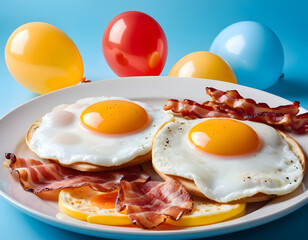 Surreal Breakfast Plate with Eggs and Colorful Balloons on Blue Surface