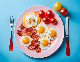 Flat Lay of Surreal Breakfast Plate with Eggs and Red Balloons on Pink Table