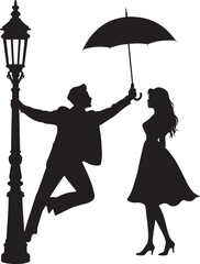 Romantic Couple Silhouette Dancing Under Umbrella by Lamp Post Vector Illustration