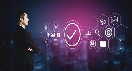 A confident businessman reflects on digital icons showcasing technology, success, and innovation with a vibrant cityscape in the background, symbolizing growth. Gantry