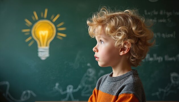 Blond kid looks at chalk drawing lightbulb on blackboard. Thoughtful child wearing sweater in classroom ponders solution and gets creative inspiration. Smart boy in school has idea about education.