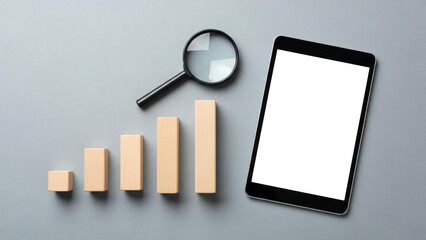 Business growth chart data analysis setup with tablet mockup and magnifying glass, symbolizing market research and financial increase on minimalist gray background
