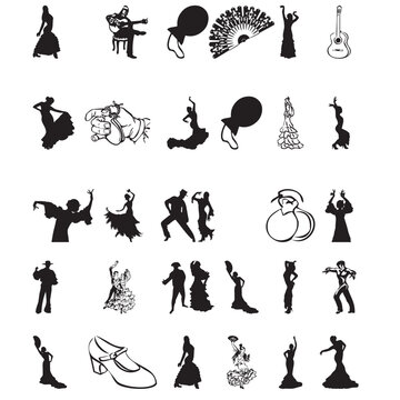 Dynamic silhouettes of flamenco dancers and cultural symbols of spanish passion