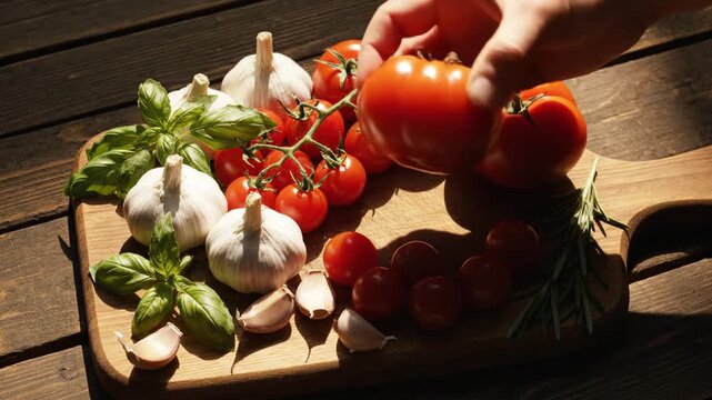 Arrangement Of Fresh Culinary Ingredients On A Wooden Board With Shadows Preparation