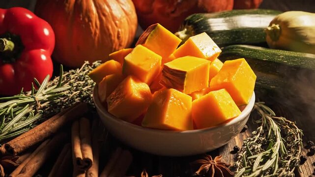 Autumnal Delight Captivating Still Life Display Of Pumpkin Cubes With Aromatic Spices