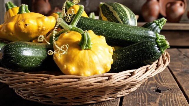 Autumnal Still Life Basket Filled With Zucchini And Pattypan Squash On Wooden Surface