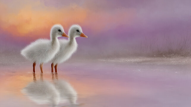 Two baby ducks walking on a misty lake at sunset