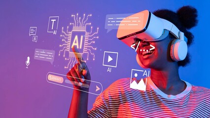 Young woman enjoying virtual reality experience with augmented graphics and artificial intelligence elements in a vibrant blue and pink backdrop, modern technology concept Gluon.