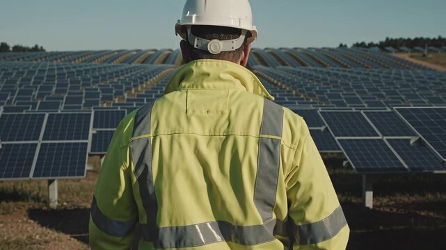 Engineer in safety equipment walking through rows of solar panels at a massive photovoltaic renewable power field