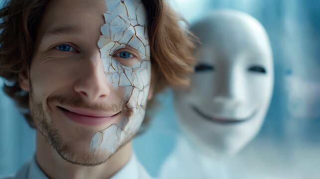 Perfectly groomed person smiling pleasantly camera but reflection window behind them show same person completely blank featureless face made of cracked porcelain facade of normalcy psychopathy concept