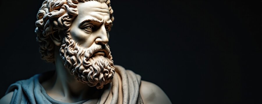 Illustration displays Epictetus greek stoic philosopher against black background. Portrait displays marble sculpture of man looking forward. Image represents philosophy teaching school, antique