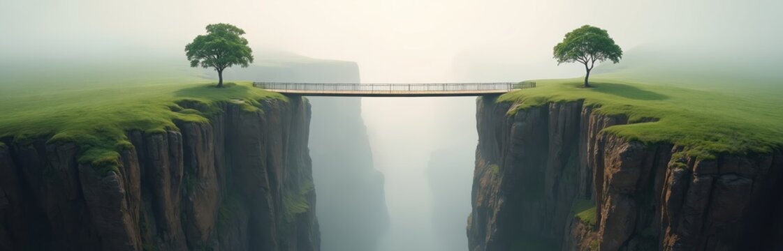 Wooden bridge between cliffs with trees connects two sides. Scenic landscape with fog in valley. Concept of connection, challenge, overcoming obstacle, dream, success, growth. Path to future,