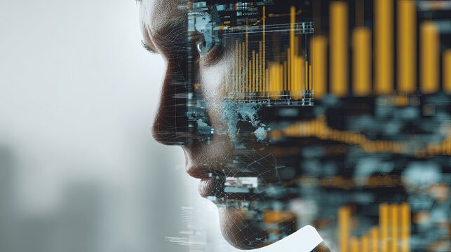 A man's face is merged with digital data and graphs in a futuristic concept - Powered by Adobe