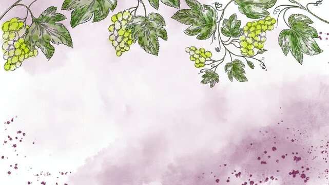 Watercolor video screensaver banner with green grape clusters and vine leaves on soft background. Elegant food and wine motion background perfect for winery ads, menu screens, branding, and vineyard