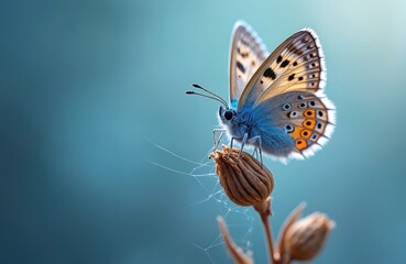 Obraz premium Blue butterfly sits on dry flower. Close up image of colorful moth on plant. Macro view of beautiful insect with fragile wings in nature. Wildlife spring photo with blurry background for ecology