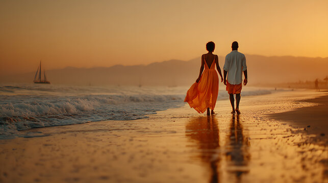 Lovely romantic couple walking on sunset beach enjoying evening light relaxing on tropical summer vacation Honeymoon Love Back view Woman wearing orange maxi dress : Generative AI - Powered by Adobe