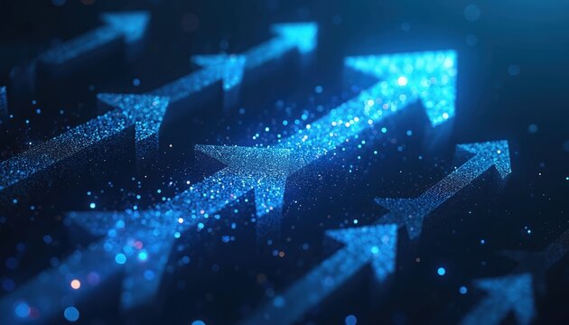 Abstract illustration features sparkling upward arrows. Graphic shows direction movement and progress in business tech finance. Concept is future innovation strategy growth success.