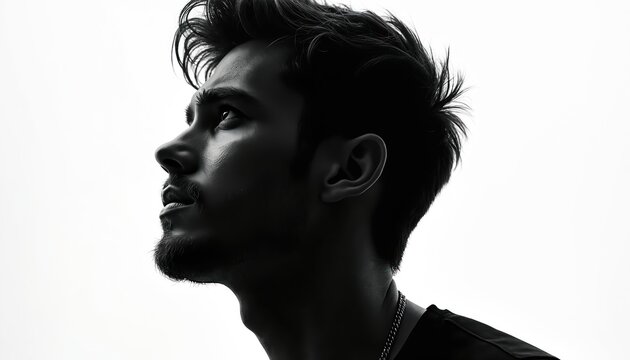 Black and white profile portrait of a man looking up. Male with short tousled hair in studio setting. Serious expression on face. Ideal for fashion advertising and marketing.