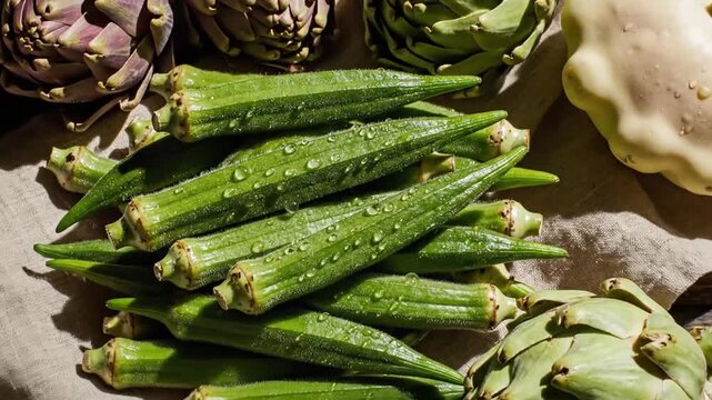 Artichokes Okra And Pattypan Squash Displayed On Burlap Ready For A Wholesome Dinner