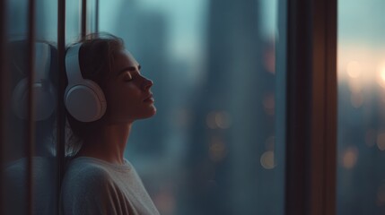 A woman wearing headphones listening to music in front of a window. The scene suggests relaxation and introspection with the city in the background.