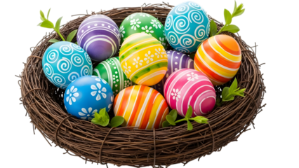 Easter eggs in a nest isolated on transparent background for easter sunday