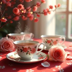 Fototapeta premium Tea party illustration features china cups. Floral porcelain tea set on red tablecloth shows festive spirit. Warm light and flowers create a cozy ambience for teatime. Perfect for Lunar New Year.
