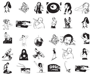 Obraz premium This image presents a comprehensive array of black and white illustrations, rendered in a distinct distressed .The collection vividly portrays various facets of music 