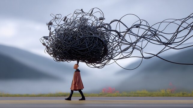 Person walking down a road dragging a massive chaotic tangle of black wires attached to their head obsessive compulsive disorder intrusive thoughts heavy burden misty landscape conceptual narrative