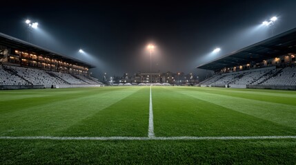 Obraz premium Nighttime view of a well-maintained soccer field illuminated by stadium lights, showcasing vibrant green grass and empty spectator stands, creating an inviting atmosphere for sports events