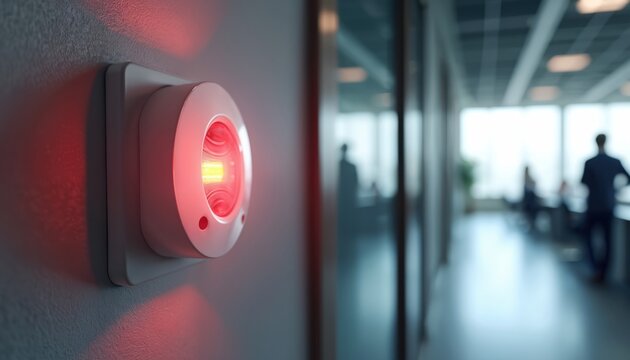 Red fire alarm light on office wall. Emergency notification system signals a potential fire. Safety equipment for workplace security. Alert and warning of danger.