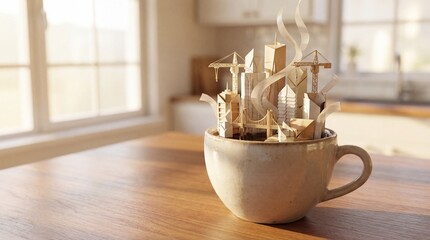 A surreal highly detailed 4k miniature cityscape made of wood in a coffee cup on a wooden table by a sunny window with a blurred background with architecture