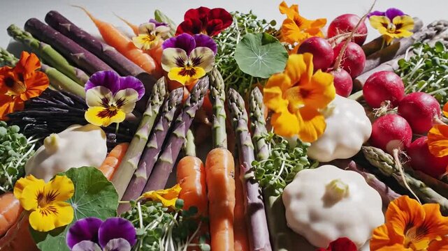 Artistic Display Of Fresh Vegetables And Edible Flowers Arranged On A Marble Platter Still Life